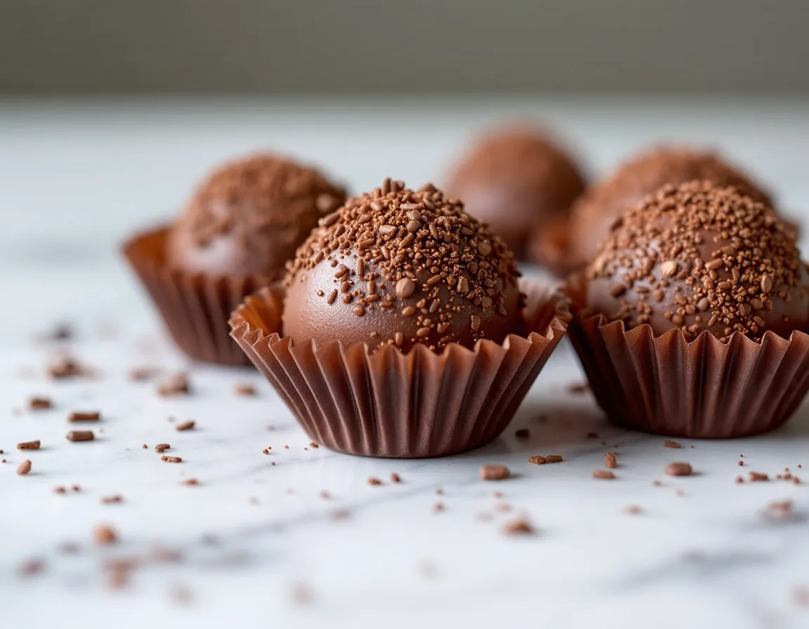 Brigadeiros com granulado em forminhas sobre bancada de mármore